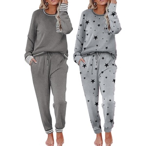 Ekouaer 2 Pack Womens Pajama Sets Long Sleeve Lounge Sets Soft Pj Loungewear Sleepwear(Middle Grey/Black Star)