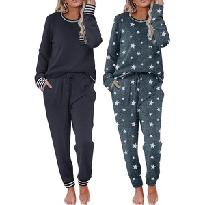 Ekouaer 2 Pack Womens Pajama Sets Long Sleeve Lounge Sets Soft Pj Loungewear Sleepwear(Navy Blue/Grey Star)