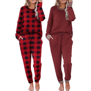 Ekouaer 2 Pack Womens Pajama Sets Long Sleeve Lounge Sets Soft Pj Loungewear Sleepwear(Wine Red/Red-black Plaid)