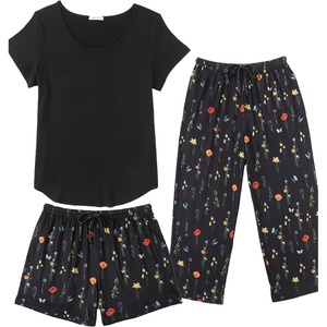 Ekouaer 3 PCS Capri Pajamas for Women Set Short Sleeve Pajama Lounge Sets(Black Colorful Flowers)