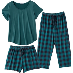 Ekouaer 3 PCS Capri Pajamas for Women Set Short Sleeve Pajama Lounge Sets(Deep Green Plaid)