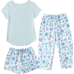 Ekouaer 3 PCS Capri Pajamas for Women Set Short Sleeve Pajama Lounge Sets(Light Blue Colorflu Flowers)