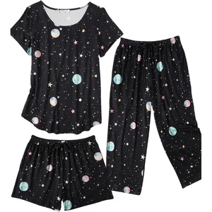Ekouaer 3 PCS Capri Pajamas for Women Set Short Sleeve Pajama Lounge Sets(Moon and Star)