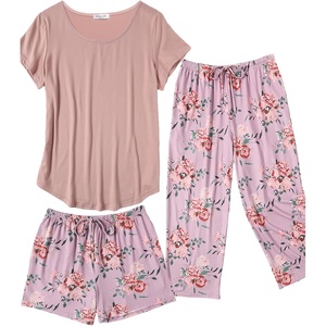 Ekouaer 3 PCS Capri Pajamas for Women Set Short Sleeve Pajama Lounge Sets(Pink Flowers)