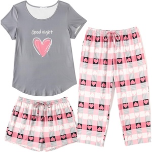 Ekouaer 3 PCS Capri Pajamas for Women Set Short Sleeve Pajama Lounge Sets(Pink and Grey Plaid)