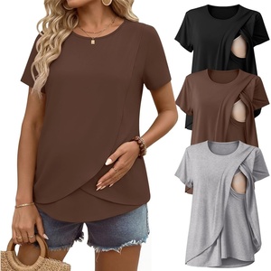 Ekouaer 3 Pack Nursing Shirts Short Sleeve Breastfeeding Tops Maternity Tee(Black/Brown/Light Gray)