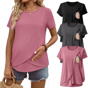 Ekouaer 3 Pack Nursing Shirts Short Sleeve Breastfeeding Tops Maternity Tee(Black/Dark Gray/Gray Purple)