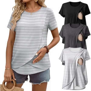 Ekouaer 3 Pack Nursing Shirts Short Sleeve Breastfeeding Tops Maternity Tee(Black/Dark Gray/Gray White Stripes)