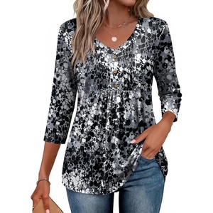 Ekouaer 3/4 Length Sleeve Womens Tops V Neck Blouses Casual Pleated Shirts(Black Grey Printed)