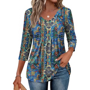 Ekouaer 3/4 Length Sleeve Womens Tops V Neck Blouses Casual Pleated Shirts(Blue Boho)