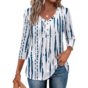 Ekouaer 3/4 Length Sleeve Womens Tops V Neck Blouses Casual Pleated Shirts(Blue White Striped)