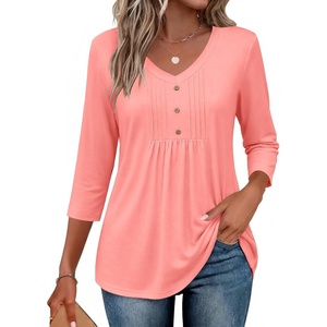 Ekouaer 3/4 Length Sleeve Womens Tops V Neck Blouses Casual Pleated Shirts(Coral)
