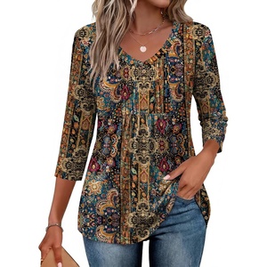 Ekouaer 3/4 Length Sleeve Womens Tops V Neck Blouses Casual Pleated Shirts(Multicolor Boho)