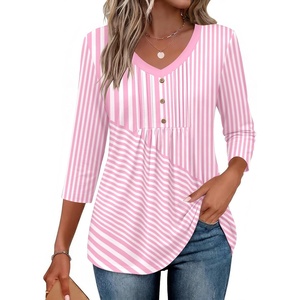 Ekouaer 3/4 Length Sleeve Womens Tops V Neck Blouses Casual Pleated Shirts(Pink Stripes)