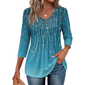 Ekouaer 3/4 Length Sleeve Womens Tops V Neck Blouses Casual Pleated Shirts(Willow Flower)