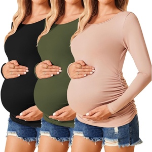 Ekouaer 3/4 Pack Womens Maternity Shirts Long Sleeve Pregnancy Tops(3pcs Black / Army Green / Dirty Pink)