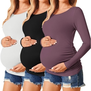 Ekouaer 3/4 Pack Womens Maternity Shirts Long Sleeve Pregnancy Tops(3pcs Black / White / Purplish Red)