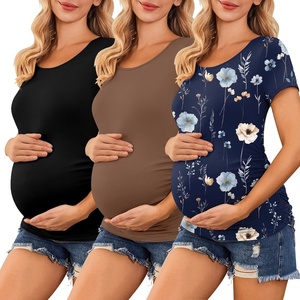 Ekouaer 3/4 Pack Womens Maternity Shirts Short Sleeve Pregnancy Tops(3pcs Black / Brown / Floral318)