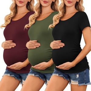 Ekouaer 3/4 Pack Womens Maternity Shirts Short Sleeve Pregnancy Tops(3pcs- Black + Wine Red + Army Green)