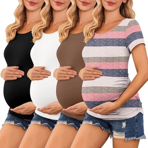 Ekouaer 3/4 Pack Womens Maternity Shirts Short Sleeve Pregnancy Tops(4pcs Black / Brown / Stripe 669 / Grey)