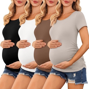 Ekouaer 3/4 Pack Womens Maternity Shirts Short Sleeve Pregnancy Tops(4pcs Black / Brown / White / Coffee)