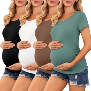 Ekouaer 3/4 Pack Womens Maternity Shirts Short Sleeve Pregnancy Tops(4pcs Black / Brown / White / Grey Green)