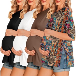 Ekouaer 4 Packs Maternity Shirts Split Side Pregnancy Workout Tops(4pcs Black / Brown / White / Boho 721)
