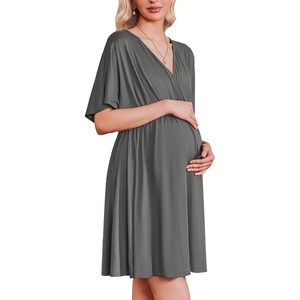 Ekouaer Labor and Delivery Gown Nursing Nightgown Birthing Pajamas Dress(Dark Grey)