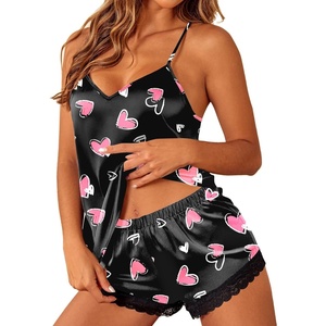 Ekouaer Lingerie for Women Sexy Satin Silk Pajama Sets Lace Cami Short Pj(Black Hearts)
