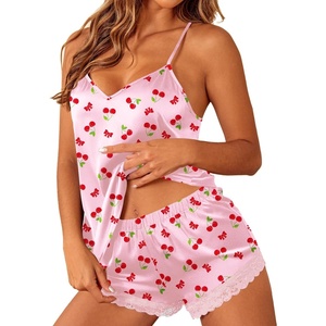 Ekouaer Lingerie for Women Sexy Satin Silk Pajama Sets Lace Cami Short Pj(Cherry Bow)