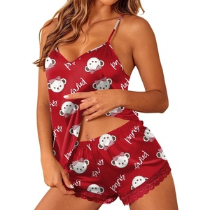 Ekouaer Lingerie for Women Sexy Satin Silk Pajama Sets Lace Cami Short Pj(Red Paris)