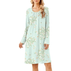 Ekouaer Long Sleeve Nightgowns for Women Soft Knit House Dress Sleepshirts(Green Flower)