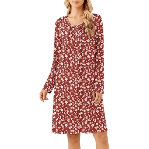 Ekouaer Long Sleeve Nightgowns for Women Soft Knit House Dress Sleepshirts(Red Floral)