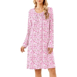 Ekouaer Long Sleeve Nightgowns for Women Soft Knit House Dress Sleepshirts(Red Flower)