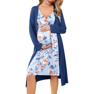 Ekouaer Maternity Nursing Gown and Robe Set Labor Delivery Nightgowns(Light Blue&pink Flower)