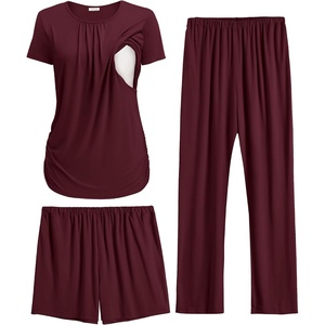 Ekouaer Maternity Nursing Pajamas Set 3 Piece Postpartum Breastfeeding Pjs(Burgundy)