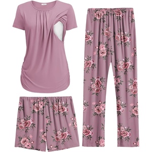 Ekouaer Maternity Nursing Pajamas Set 3 Piece Postpartum Breastfeeding Pjs(Floral Lilac)