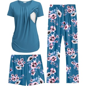 Ekouaer Maternity Nursing Pajamas Set 3 Piece Postpartum Breastfeeding Pjs(Floral Teal)