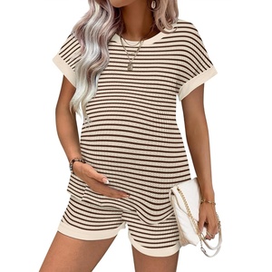 Ekouaer Maternity Pajamas 2 Piece Outfits Waffle Knit Pregnancy Sleepwear(Brown Stripes)