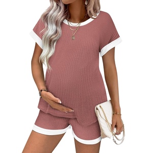Ekouaer Maternity Pajamas 2 Piece Outfits Waffle Knit Pregnancy Sleepwear(Burgundy)