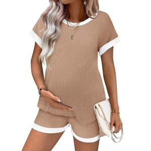 Ekouaer Maternity Pajamas 2 Piece Outfits Waffle Knit Pregnancy Sleepwear(Light Khaki)
