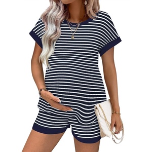 Ekouaer Maternity Pajamas 2 Piece Outfits Waffle Knit Pregnancy Sleepwear(Navy Stripes)