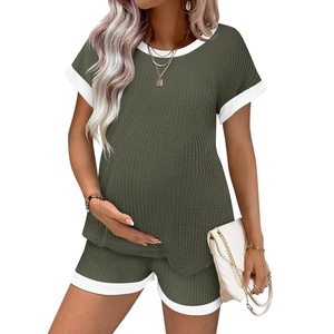 Ekouaer Maternity Pajamas 2 Piece Outfits Waffle Knit Pregnancy Sleepwear(Olive Green)