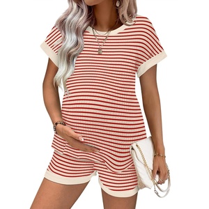 Ekouaer Maternity Pajamas 2 Piece Outfits Waffle Knit Pregnancy Sleepwear(Red Stripes)