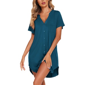 Ekouaer Nightgowns for Women Button Down Sleepshirts V Neck Sleep Dress(Blue Green)