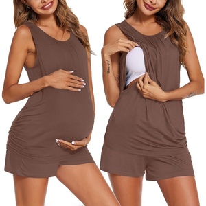 Ekouaer Nursing Pajamas Set Postpartum Tank Tops and Shorts(Brown)