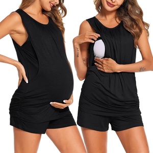 Ekouaer Nursing Pajamas Set Postpartum Tank Tops and Shorts(S-black)