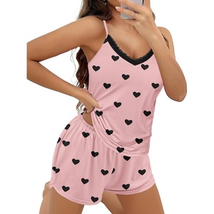 Ekouaer Pajama Sets for Women Cute Printed Lace Cami Pj Shorts Set(Black Heart)