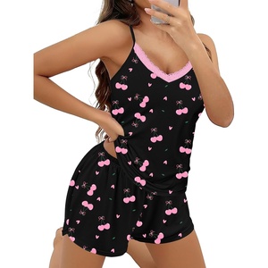 Ekouaer Pajama Sets for Women Cute Printed Lace Cami Pj Shorts Set(Blck Cherry)