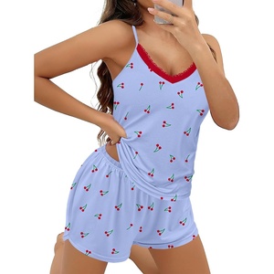 Ekouaer Pajama Sets for Women Cute Printed Lace Cami Pj Shorts Set(Blue Cherry)